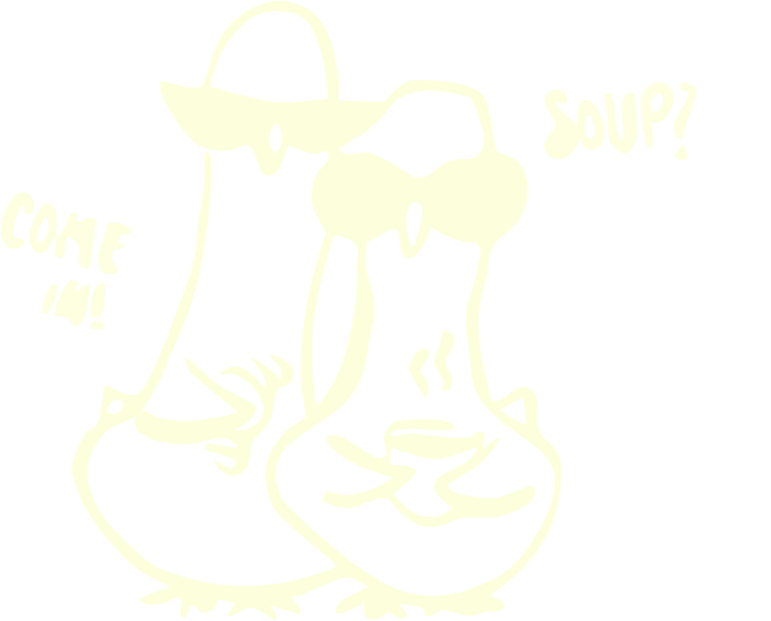 Two birds in sunglasses saying come in, soup